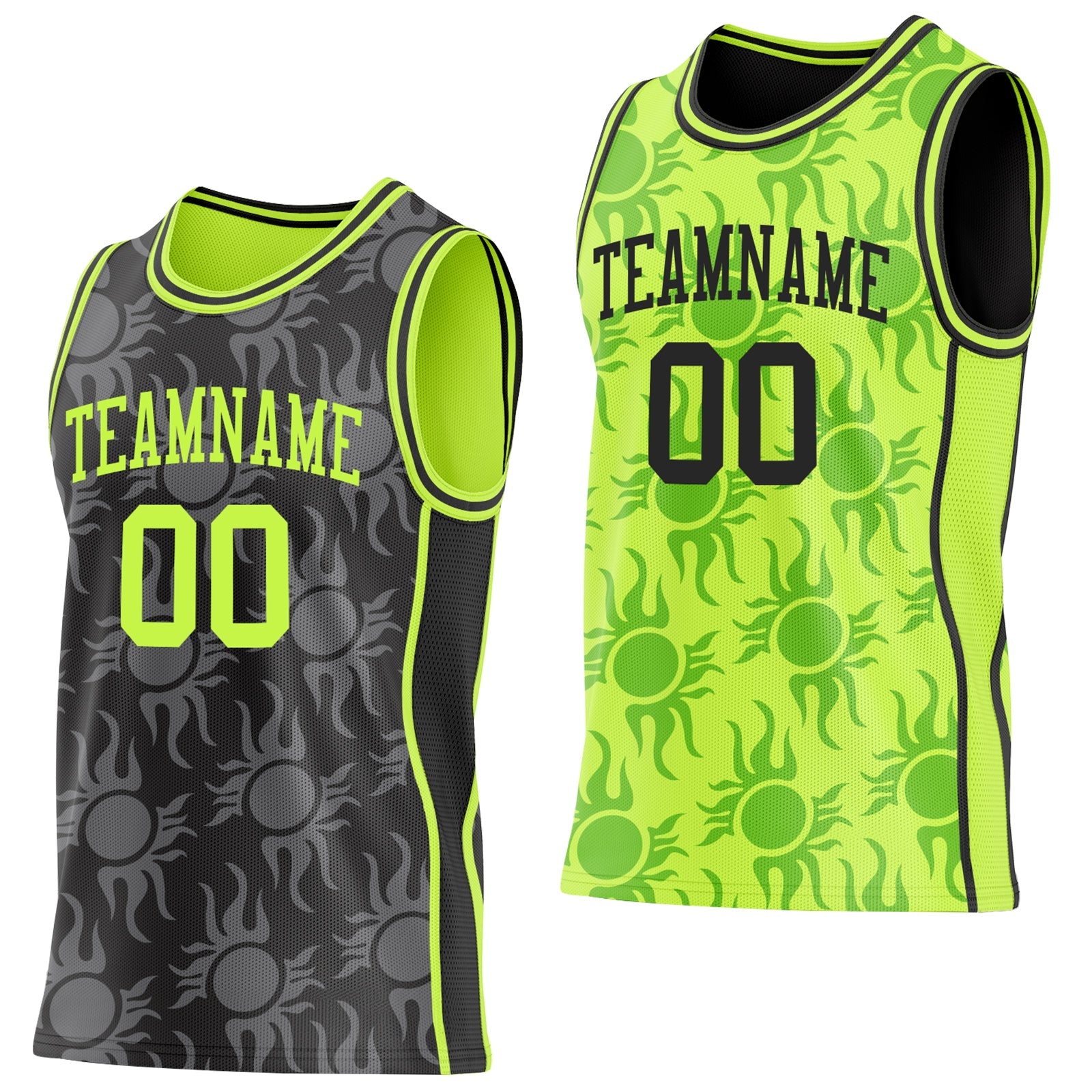 Custom Black-Neon Green Side Panel Stripe Sun Flame Reversible Double Side Sublimation Basketball Set Jersey - Main View