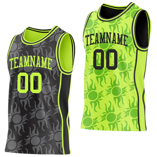 Custom Black-Neon Green Side Panel Stripe Sun Flame Reversible Double Side Sublimation Basketball Set Jersey - Main View