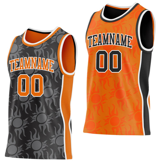 Custom Black Bay Orange-White Side Panel Stripe Sun Flame Reversible Double Side Sublimation Basketball Set Jersey - Main View