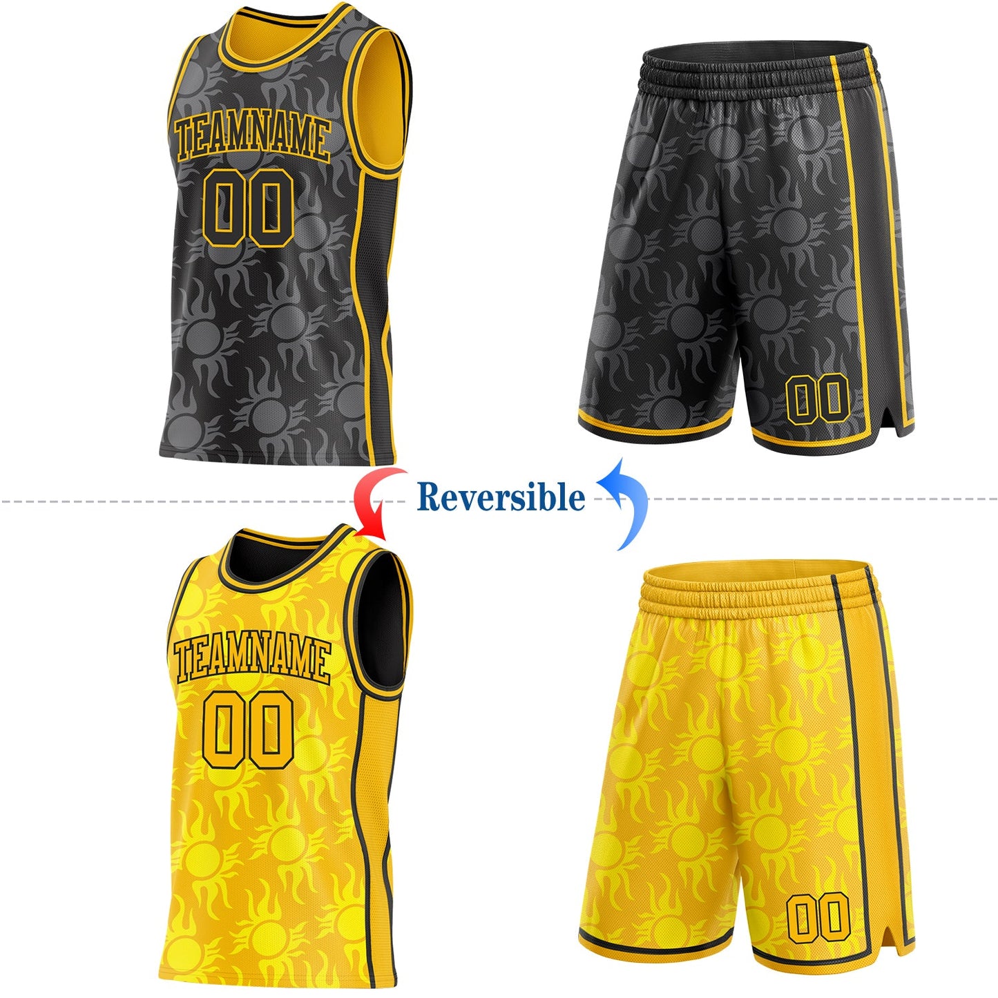 Custom Black-Gold Side Panel Stripe Sun Flame Reversible Double Side Sublimation Basketball Set Jersey view 2