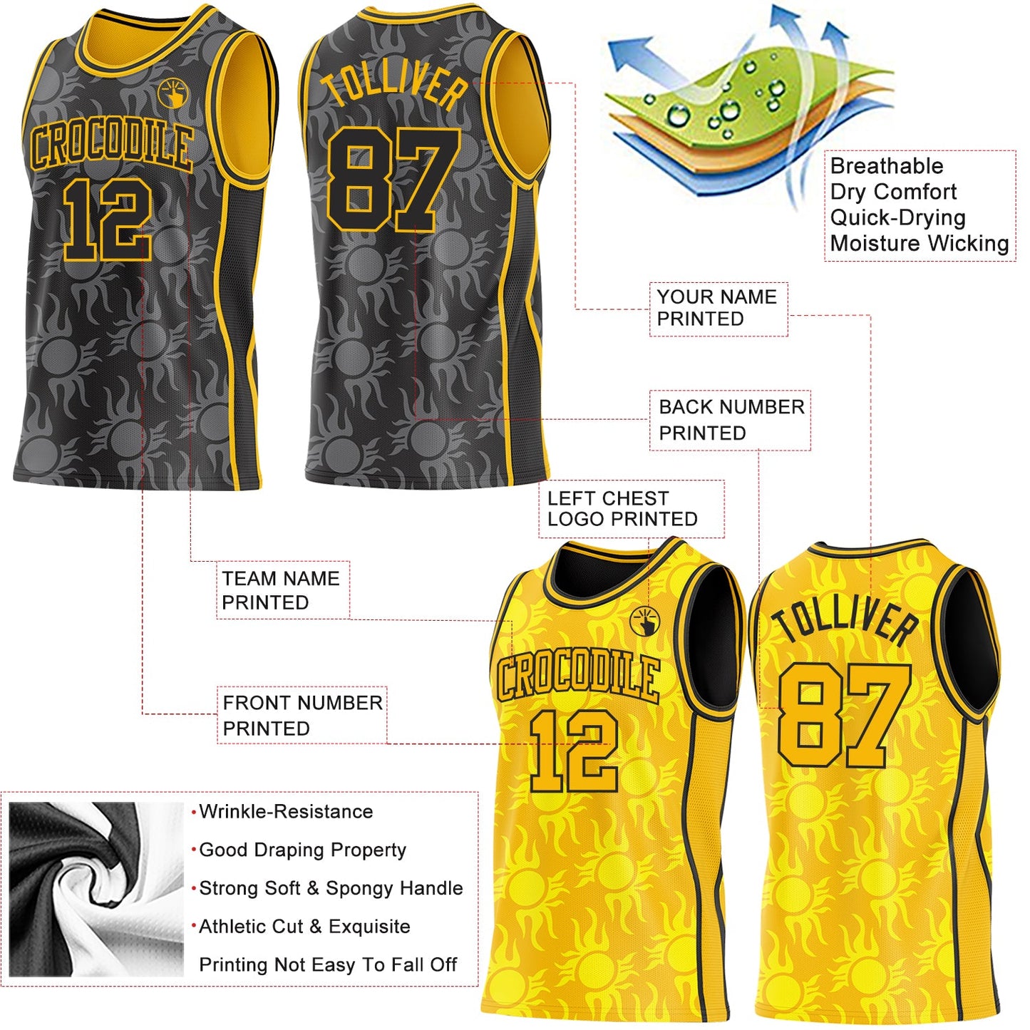 Custom Black-Gold Side Panel Stripe Sun Flame Reversible Double Side Sublimation Basketball Set Jersey view 3