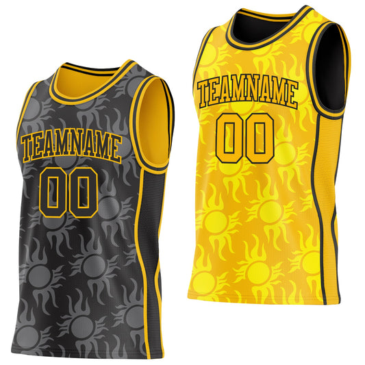 Custom Black-Gold Side Panel Stripe Sun Flame Reversible Double Side Sublimation Basketball Set Jersey - Main View