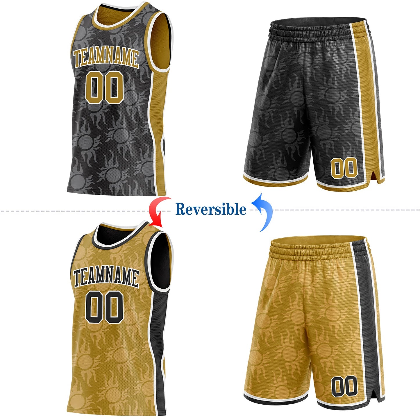 Custom Black Old Gold-White Side Panel Stripe Sun Flame Reversible Double Side Sublimation Basketball Set Jersey view 2