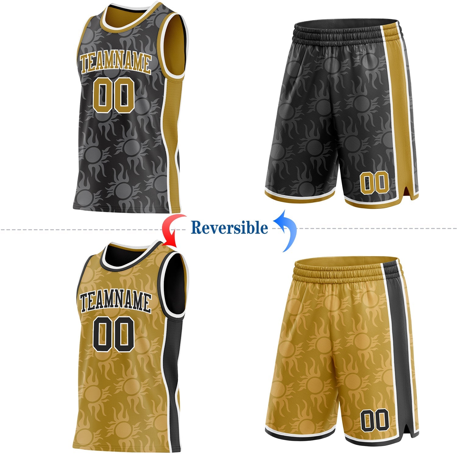 Custom Black Old Gold-White Side Panel Stripe Sun Flame Reversible Double Side Sublimation Basketball Set Jersey view 2