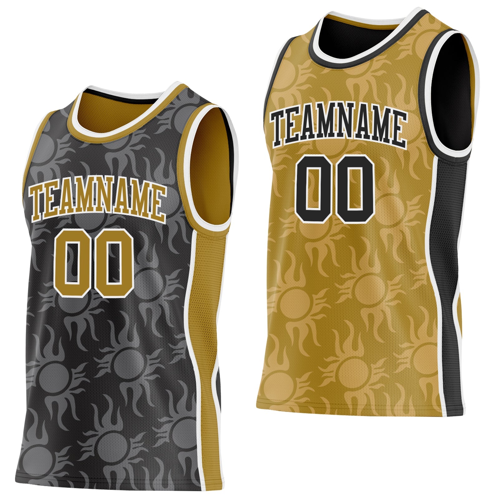 Custom Black Old Gold-White Side Panel Stripe Sun Flame Reversible Double Side Sublimation Basketball Set Jersey - Main View