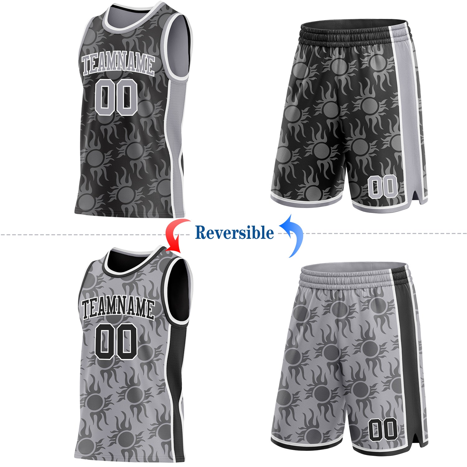 Custom Black Gray-White Side Panel Stripe Sun Flame Reversible Double Side Sublimation Basketball Set Jersey view 2