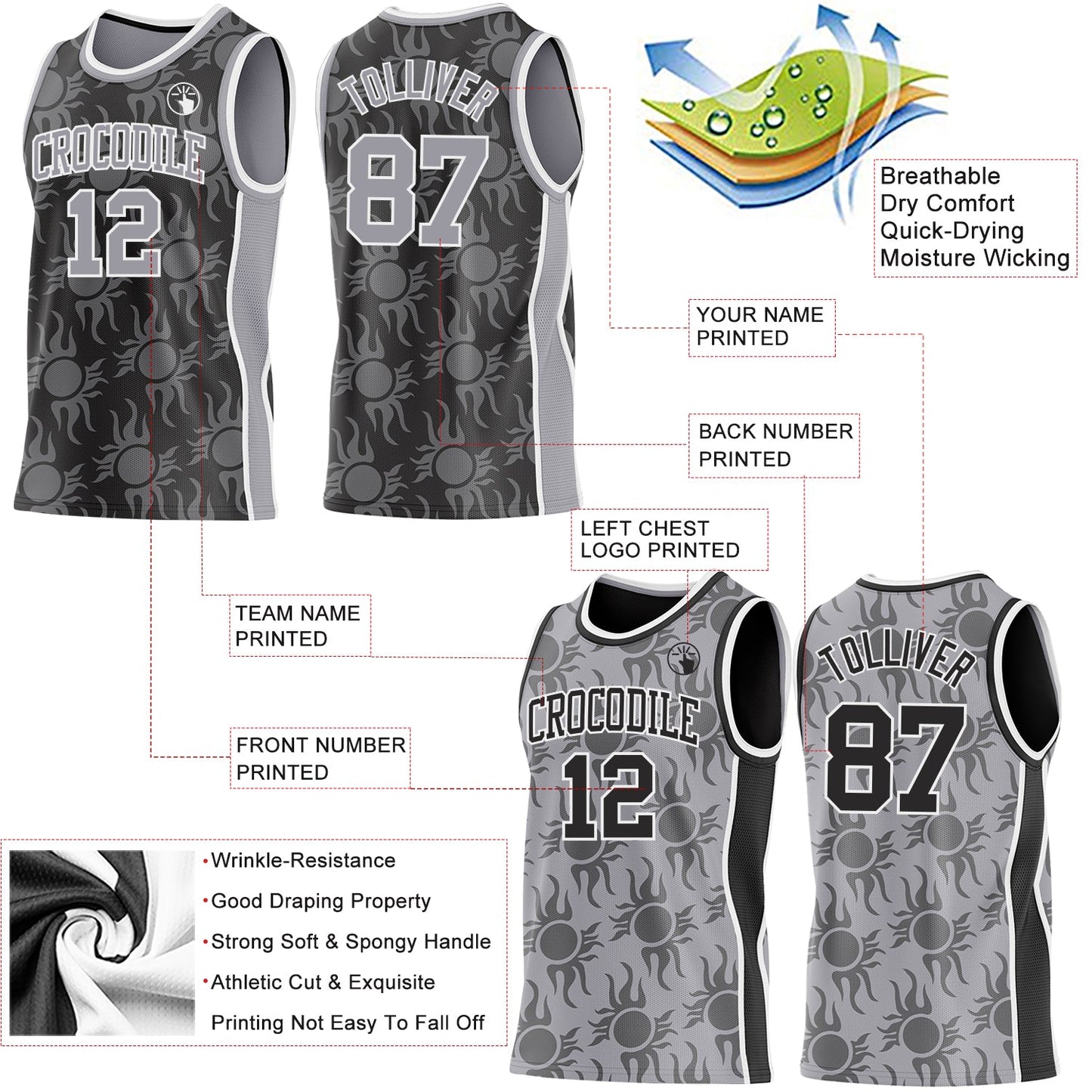 Custom Black Gray-White Side Panel Stripe Sun Flame Reversible Double Side Sublimation Basketball Set Jersey view 3