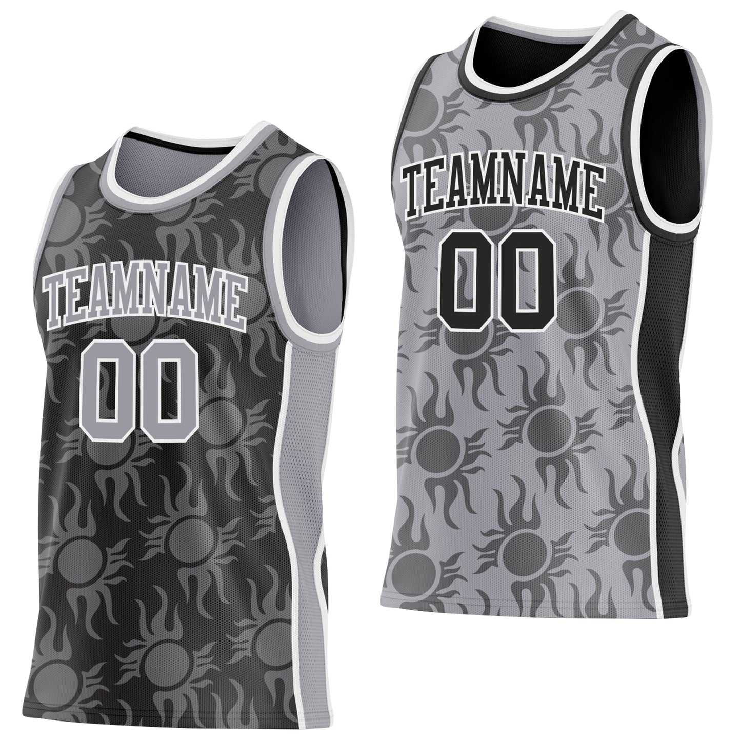 Custom Black Gray-White Side Panel Stripe Sun Flame Reversible Double Side Sublimation Basketball Set Jersey - Main View