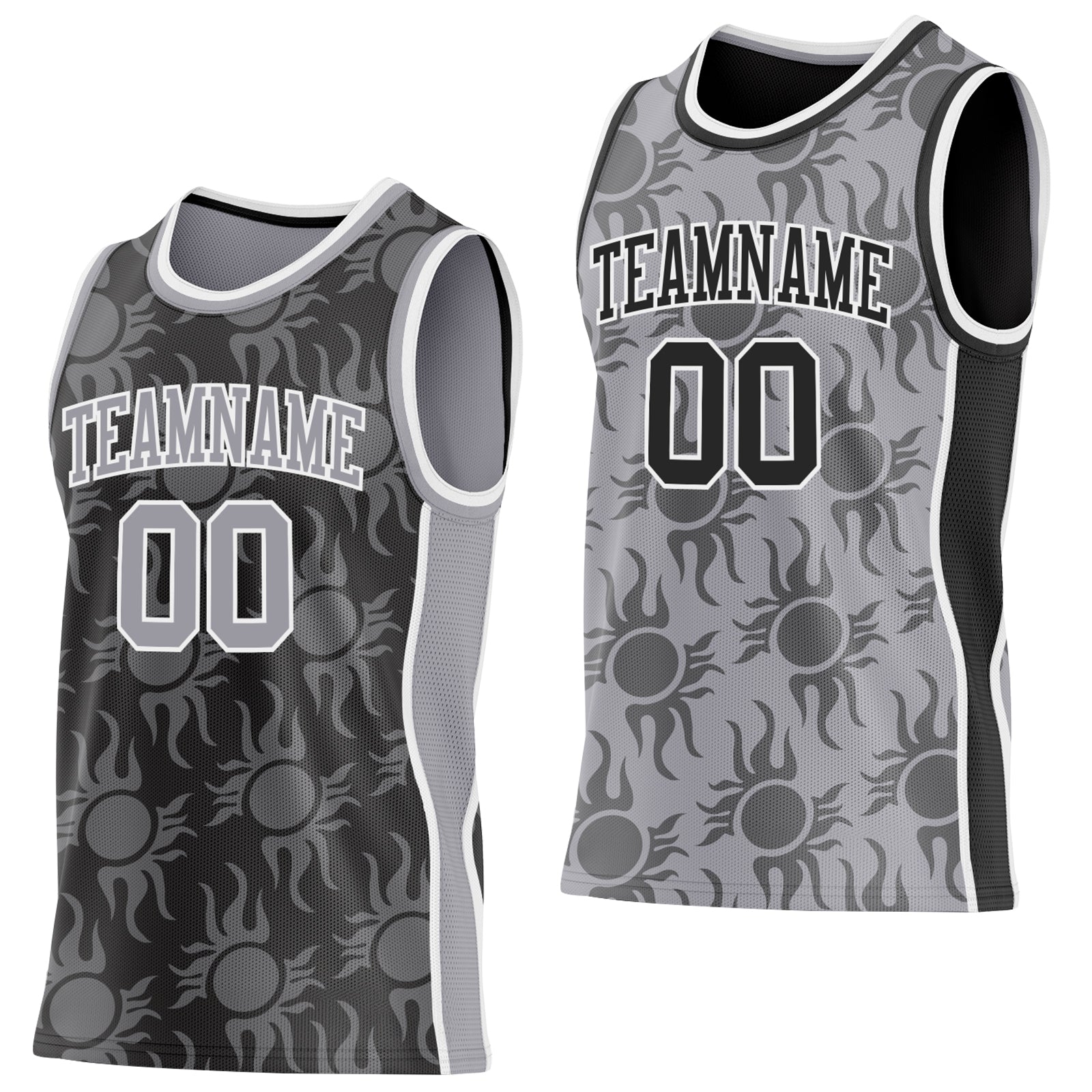 Custom Black Gray-White Side Panel Stripe Sun Flame Reversible Double Side Sublimation Basketball Set Jersey - Main View