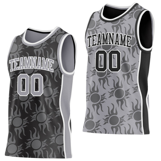 Custom Black Gray-White Side Panel Stripe Sun Flame Reversible Double Side Sublimation Basketball Set Jersey - Main View