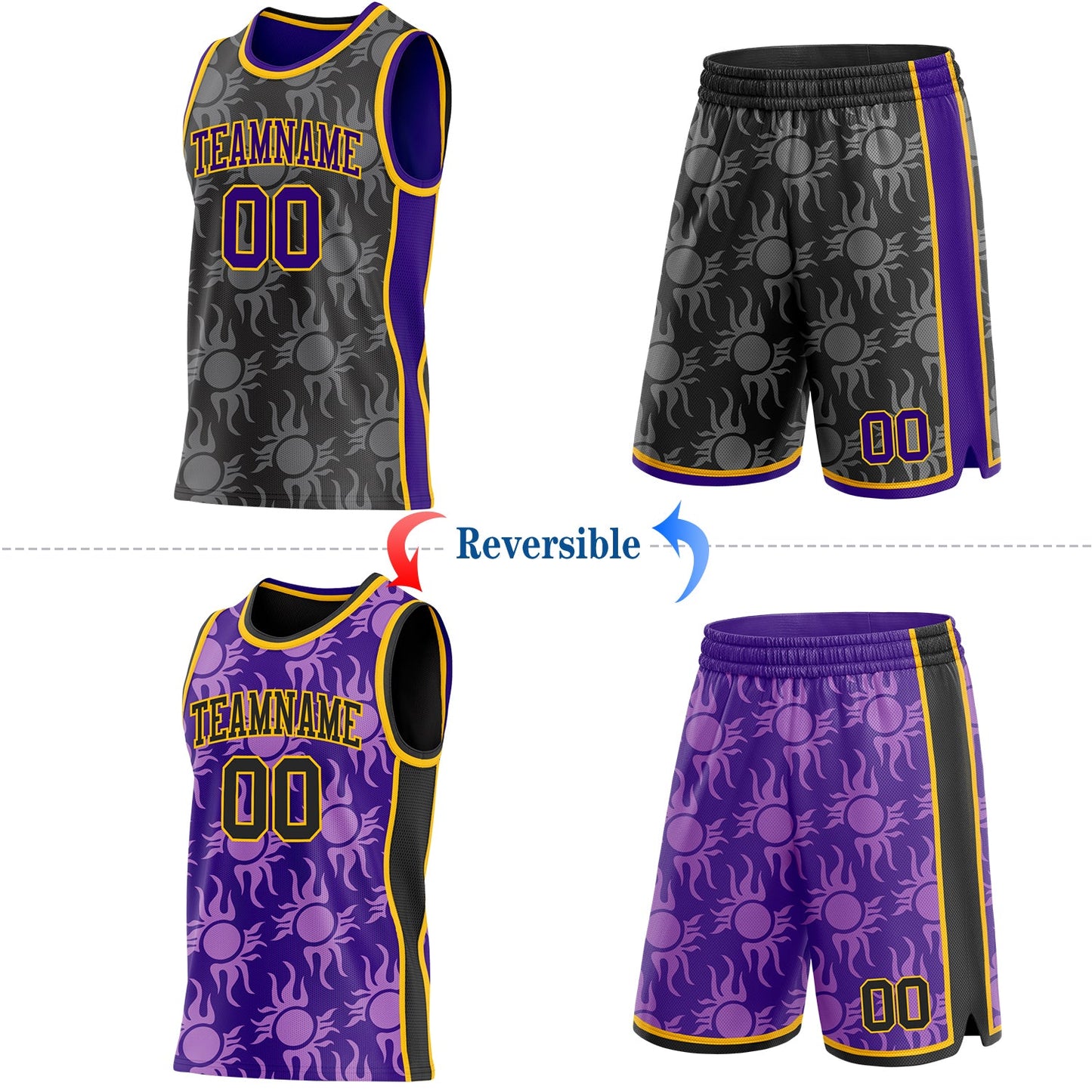 Custom Black Purple-Gold Side Panel Stripe Sun Flame Reversible Double Side Sublimation Basketball Set Jersey view 2