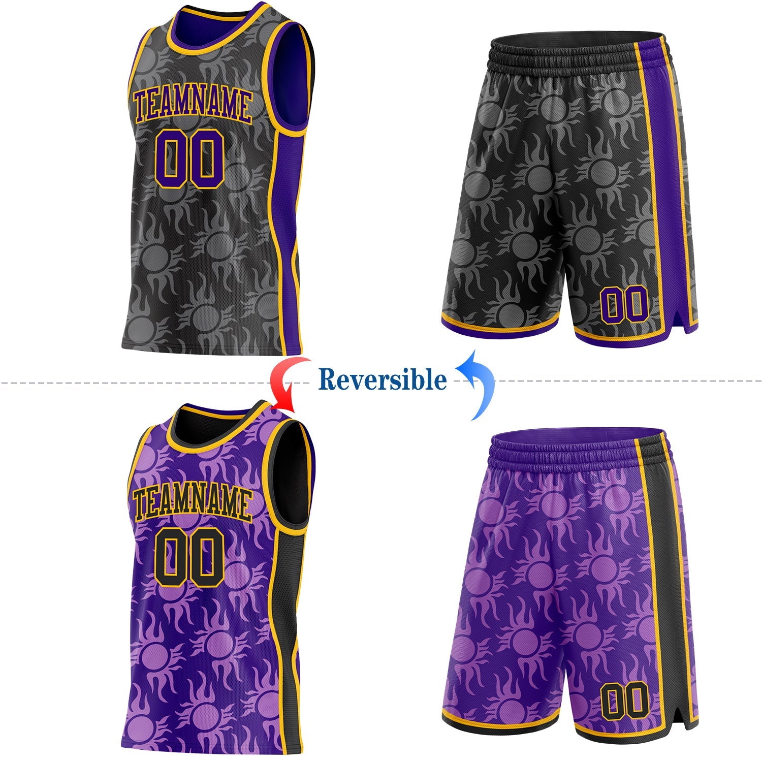 Custom Black Purple-Gold Side Panel Stripe Sun Flame Reversible Double Side Sublimation Basketball Set Jersey view 2