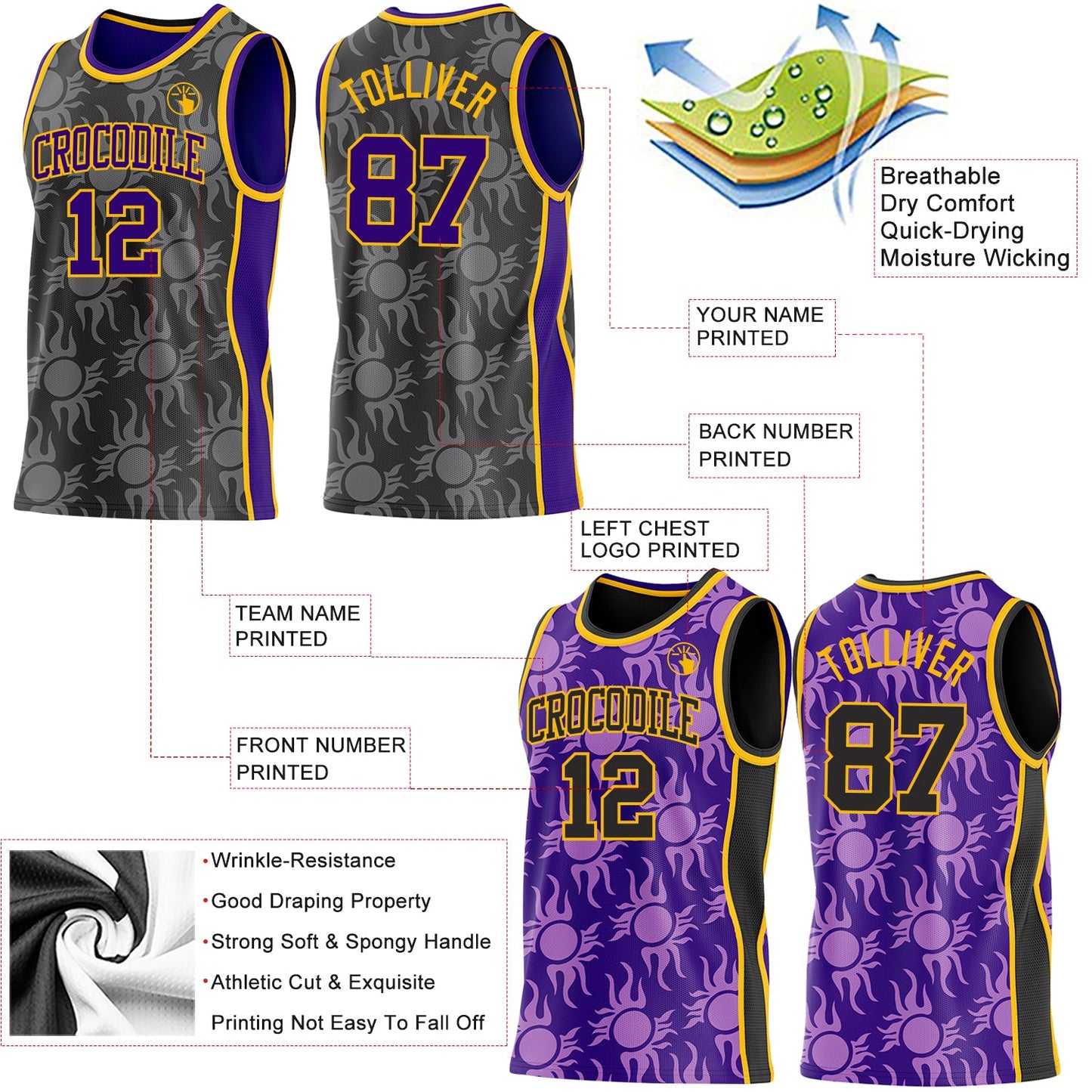 Custom Black Purple-Gold Side Panel Stripe Sun Flame Reversible Double Side Sublimation Basketball Set Jersey view 3