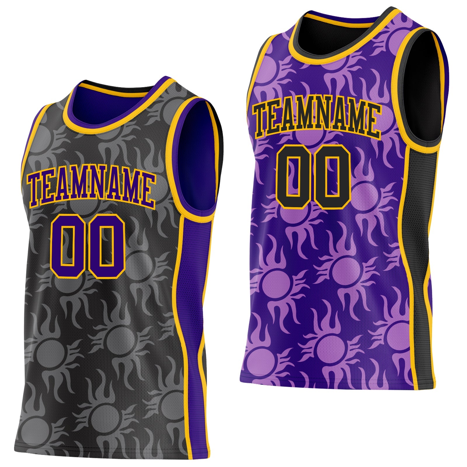 Custom Black Purple-Gold Side Panel Stripe Sun Flame Reversible Double Side Sublimation Basketball Set Jersey - Main View