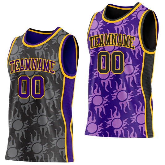 Custom Black Purple-Gold Side Panel Stripe Sun Flame Reversible Double Side Sublimation Basketball Set Jersey - Main View