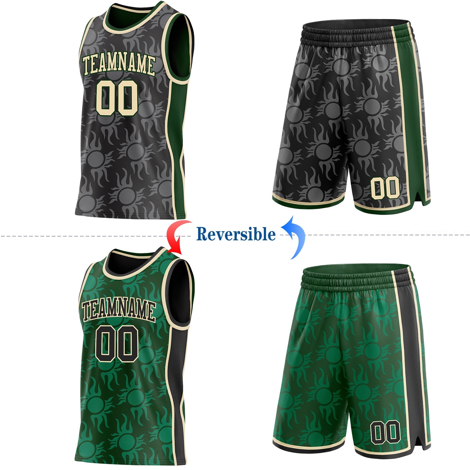 Custom Black Cream-Green Side Panel Stripe Sun Flame Reversible Double Side Sublimation Basketball Set Jersey view 2