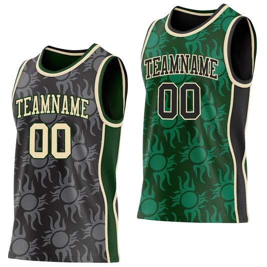 Custom Black Cream-Green Side Panel Stripe Sun Flame Reversible Double Side Sublimation Basketball Set Jersey - Main View