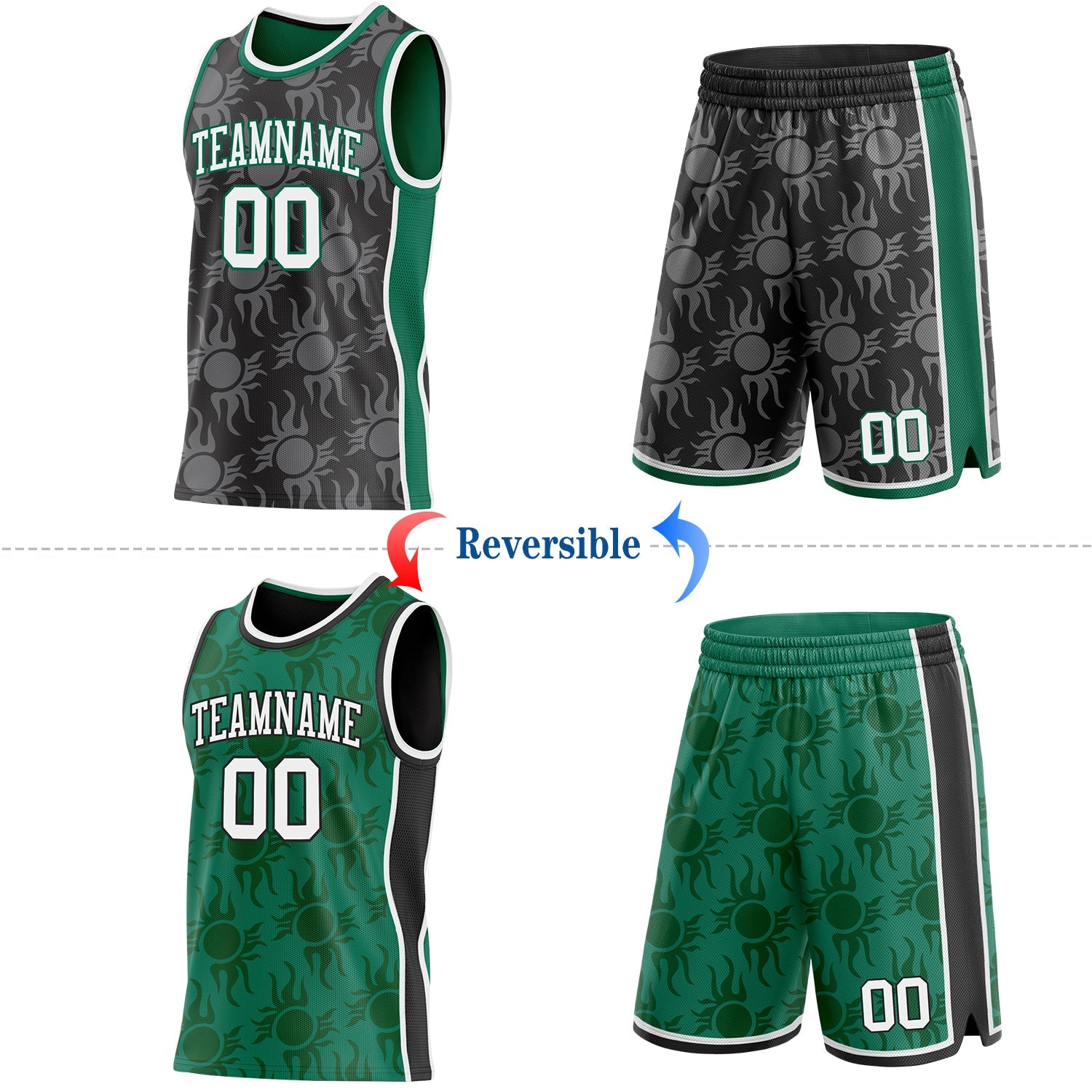 Custom Black White-Kelly Green Side Panel Stripe Sun Flame Reversible Double Side Sublimation Basketball Set Jersey view 2