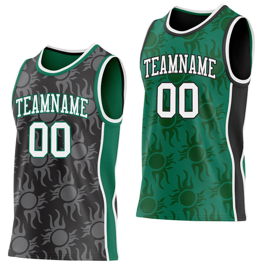 Custom Black White-Kelly Green Side Panel Stripe Sun Flame Reversible Double Side Sublimation Basketball Set Jersey - Main View