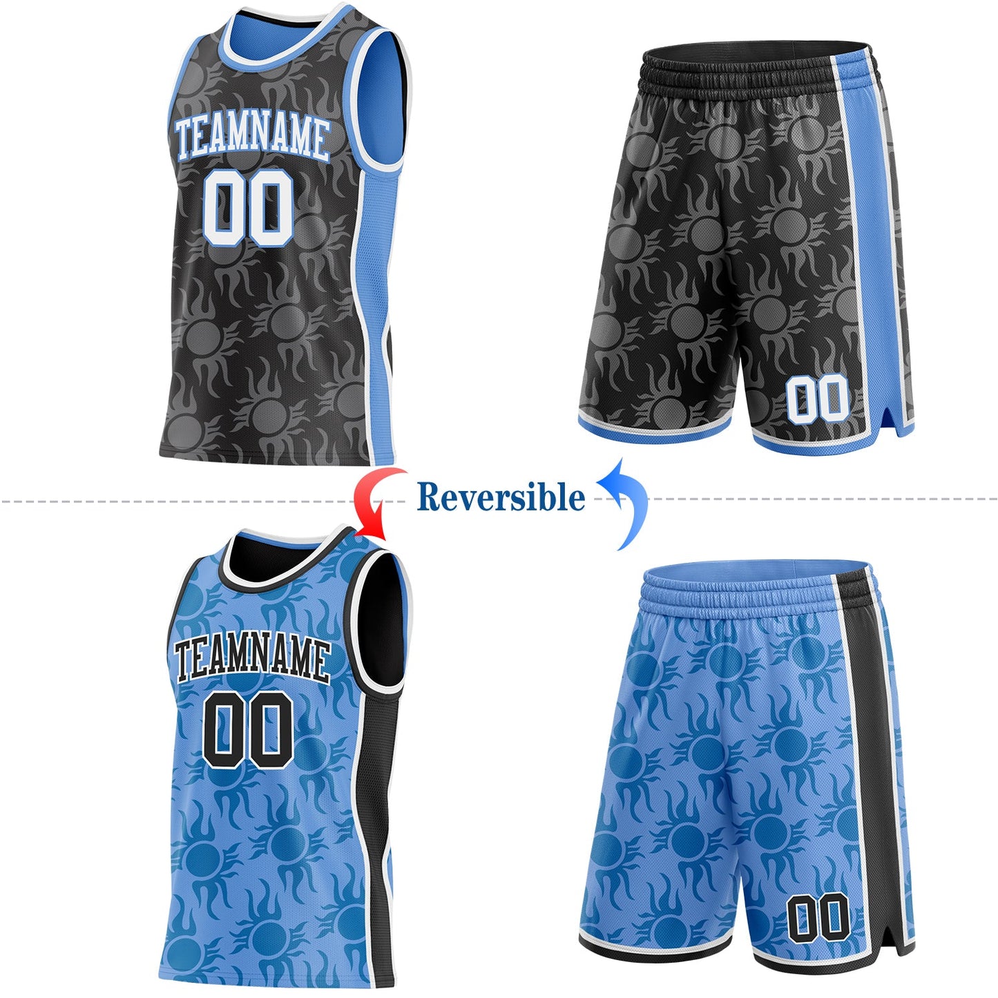 Custom Black White-Light Blue Side Panel Stripe Sun Flame Reversible Double Side Sublimation Basketball Set Jersey view 2