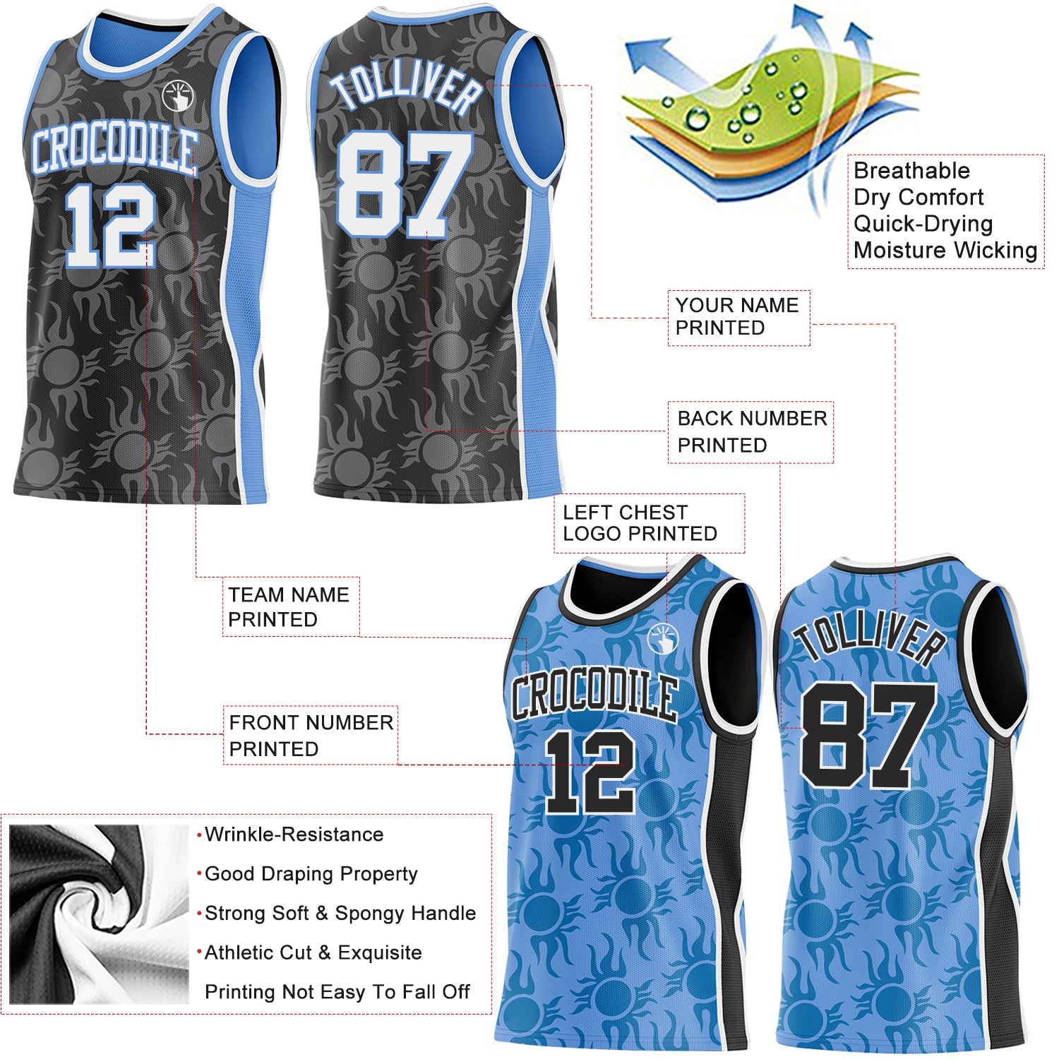 Custom Black White-Light Blue Side Panel Stripe Sun Flame Reversible Double Side Sublimation Basketball Set Jersey view 3