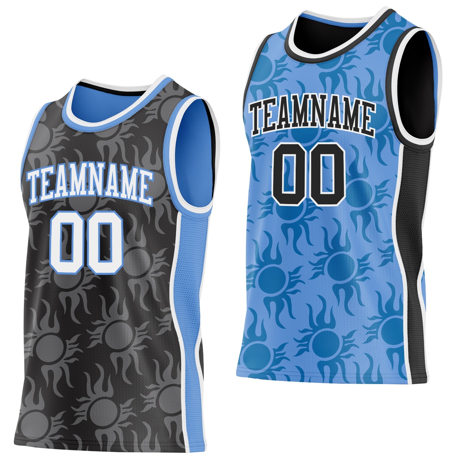 Custom Black White-Light Blue Side Panel Stripe Sun Flame Reversible Double Side Sublimation Basketball Set Jersey - Main View