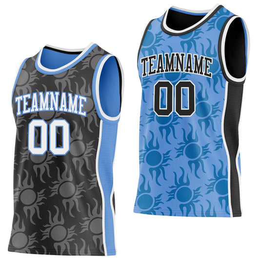 Custom Black White-Light Blue Side Panel Stripe Sun Flame Reversible Double Side Sublimation Basketball Set Jersey - Main View