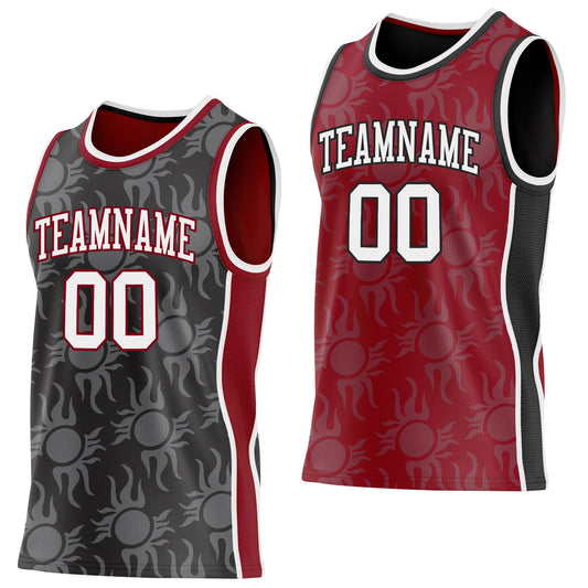 Custom Black White-Maroon Side Panel Stripe Sun Flame Reversible Double Side Sublimation Basketball Set Jersey - Main View