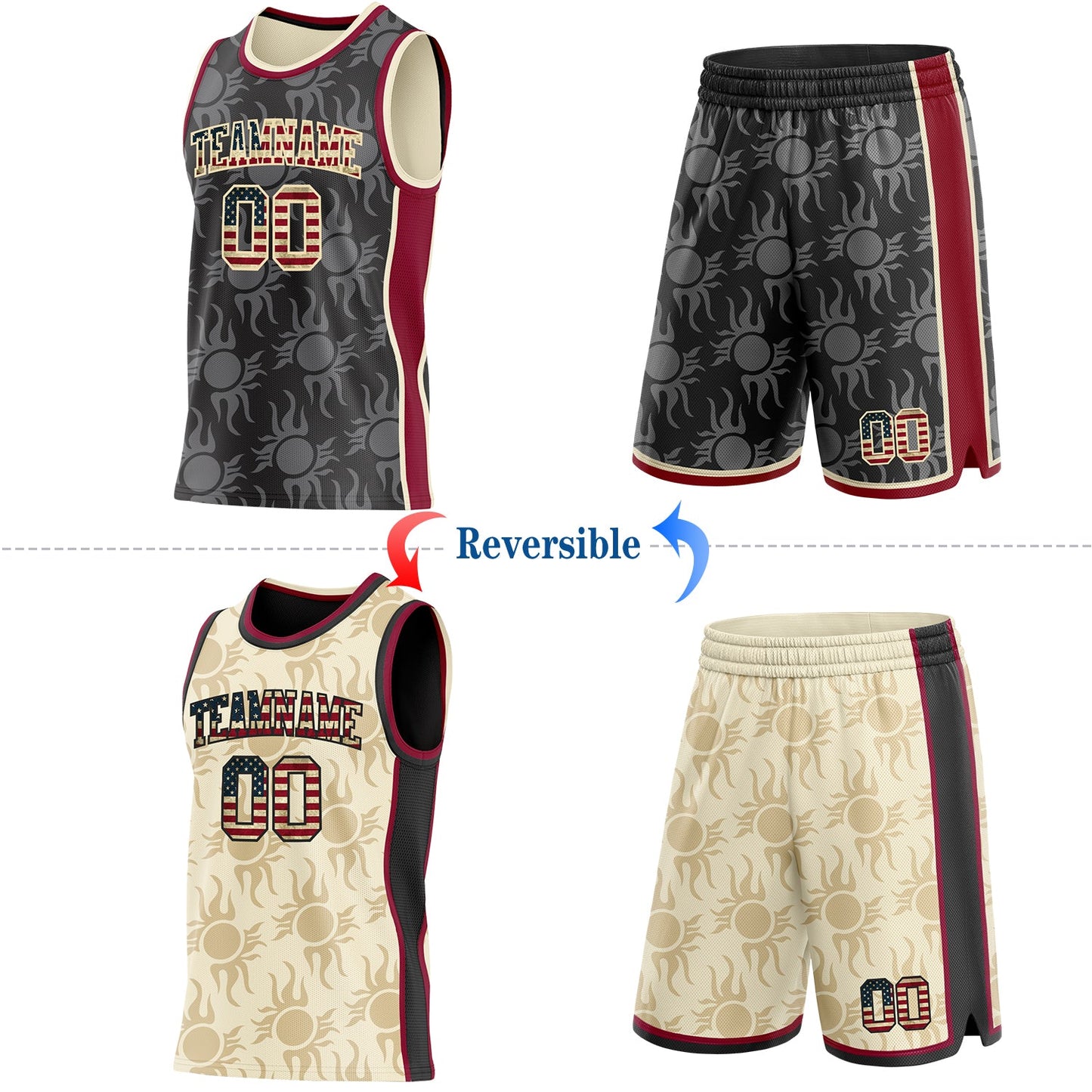 Custom Black Vintage USA Flag Cream-Maroon Side Panel Stripe Sun Flame Reversible Double Side Sublimation Basketball Set Jersey view 2