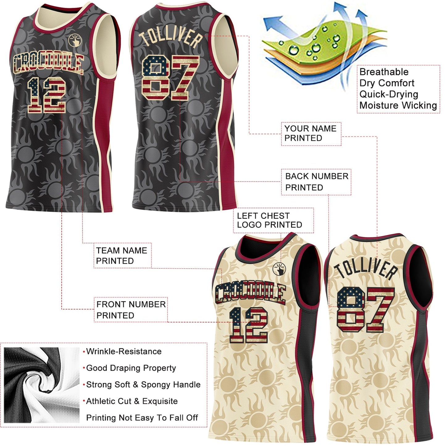 Custom Black Vintage USA Flag Cream-Maroon Side Panel Stripe Sun Flame Reversible Double Side Sublimation Basketball Set Jersey view 3