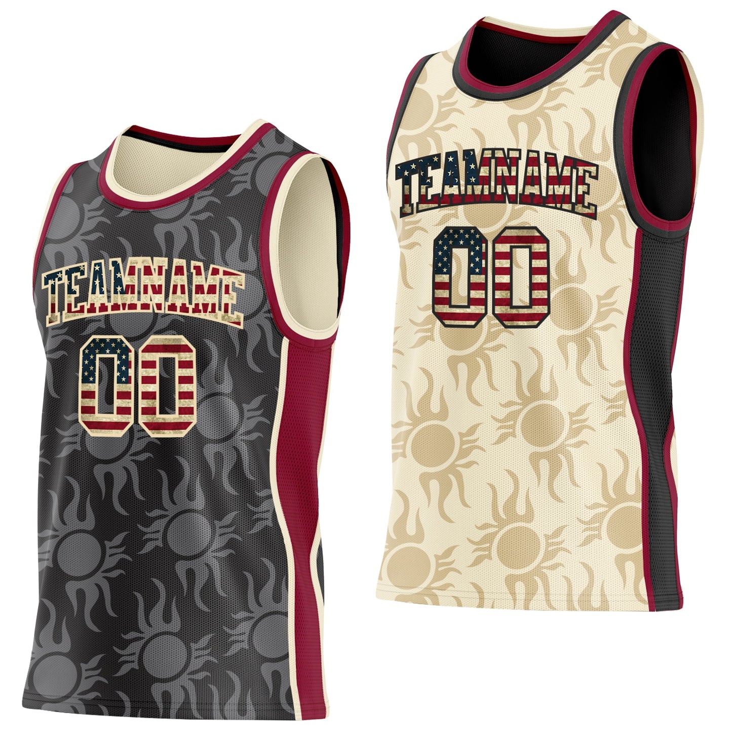 Custom Black Vintage USA Flag Cream-Maroon Side Panel Stripe Sun Flame Reversible Double Side Sublimation Basketball Set Jersey - Main View