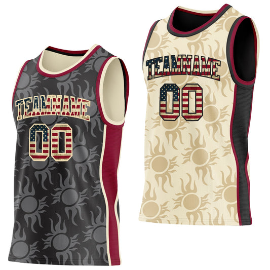 Custom Black Vintage USA Flag Cream-Maroon Side Panel Stripe Sun Flame Reversible Double Side Sublimation Basketball Set Jersey - Main View