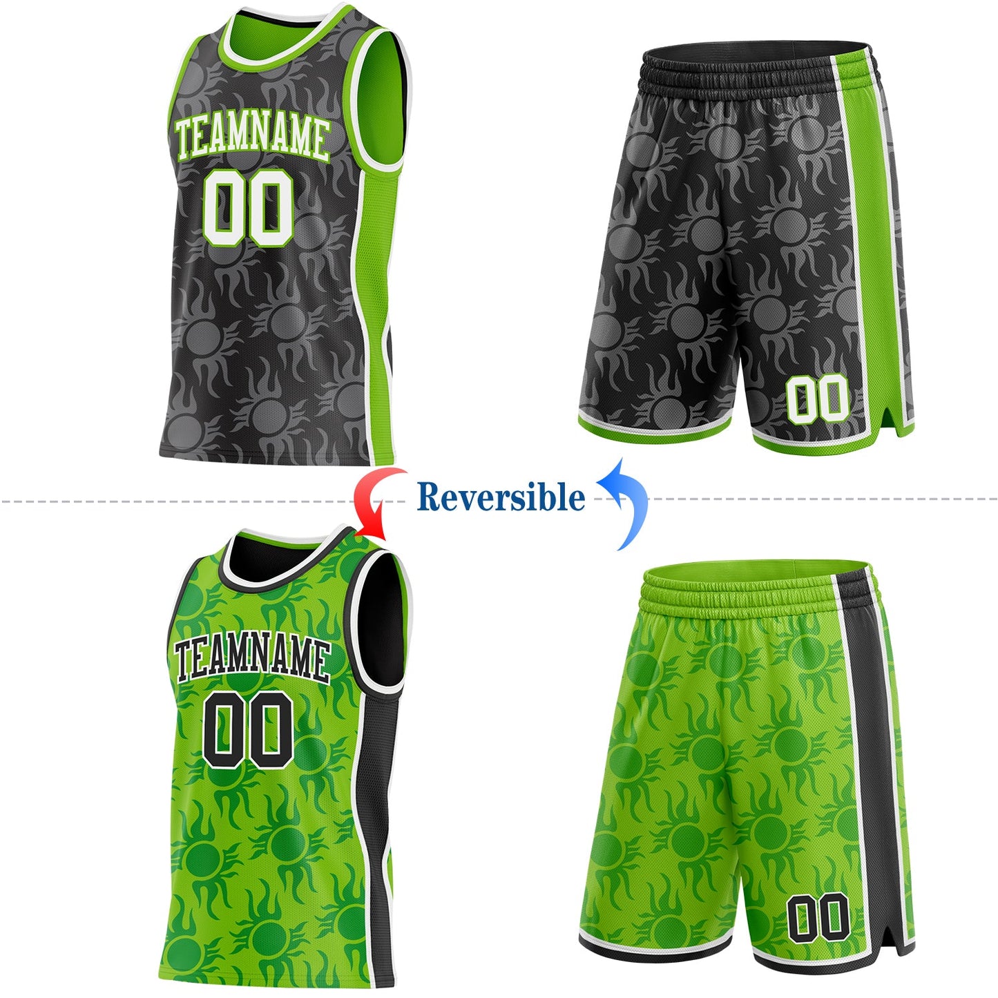 Custom Black White-Neon Green Side Panel Stripe Sun Flame Reversible Double Side Sublimation Basketball Set Jersey view 2