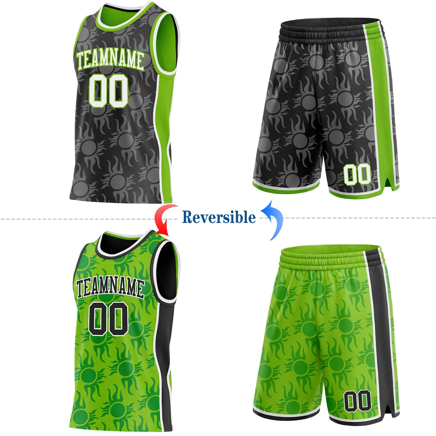 Custom Black White-Neon Green Side Panel Stripe Sun Flame Reversible Double Side Sublimation Basketball Set Jersey view 2