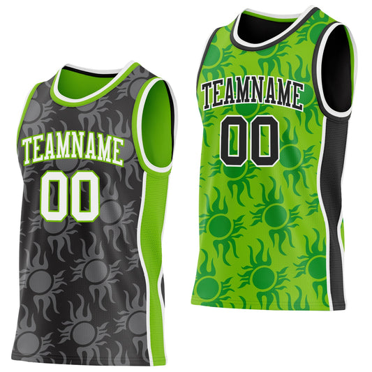Custom Black White-Neon Green Side Panel Stripe Sun Flame Reversible Double Side Sublimation Basketball Set Jersey - Main View