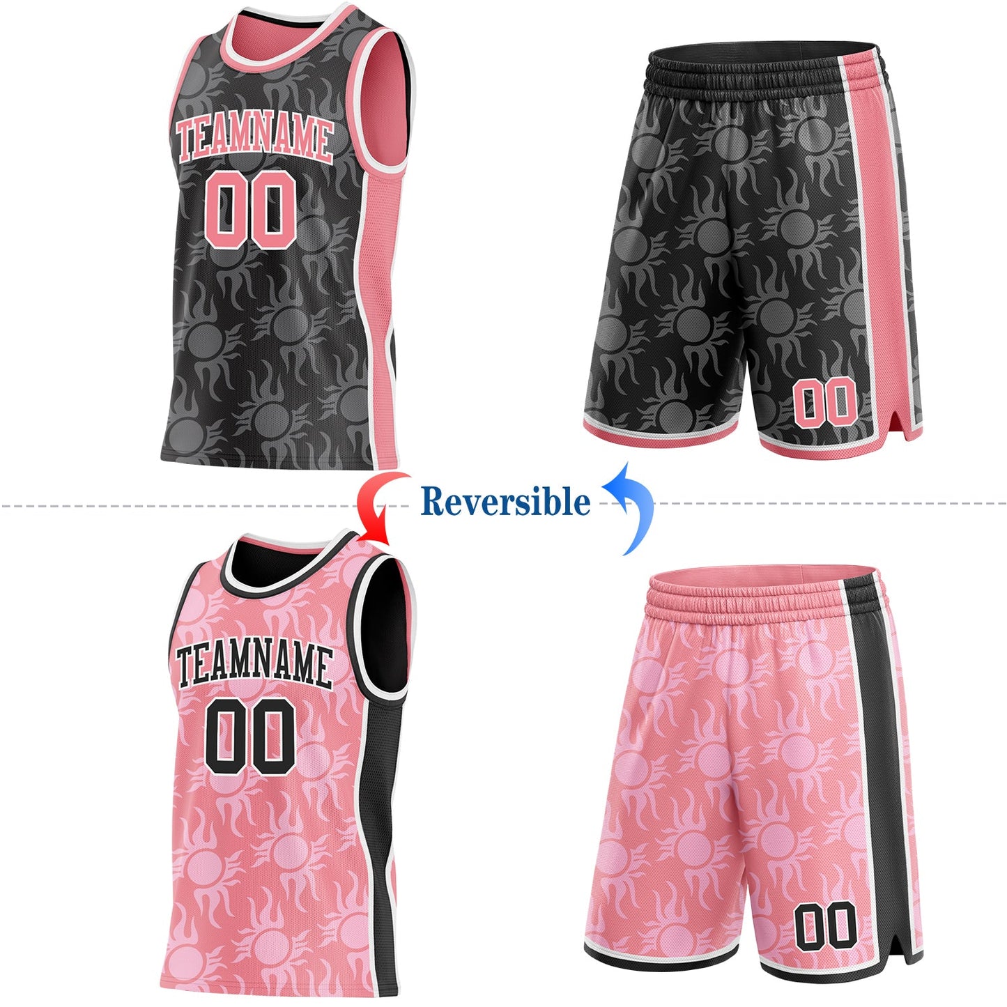 Custom Black Medium Pink-White Side Panel Stripe Sun Flame Reversible Double Side Sublimation Basketball Set Jersey view 2