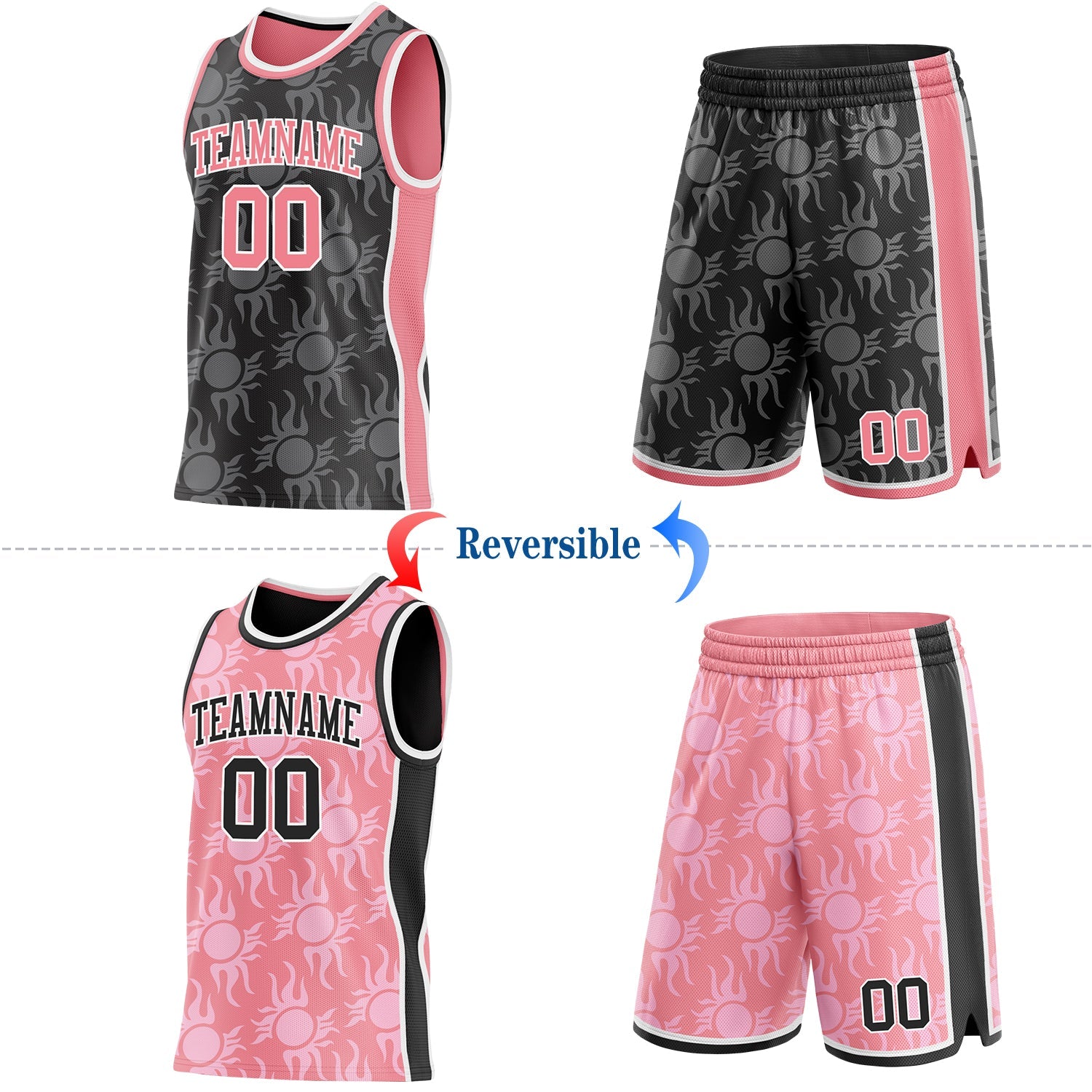 Custom Black Medium Pink-White Side Panel Stripe Sun Flame Reversible Double Side Sublimation Basketball Set Jersey view 2