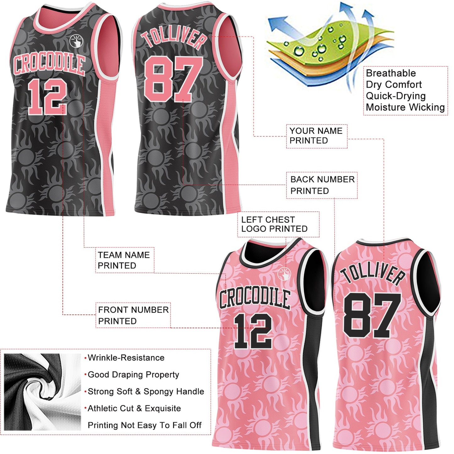 Custom Black Medium Pink-White Side Panel Stripe Sun Flame Reversible Double Side Sublimation Basketball Set Jersey view 3