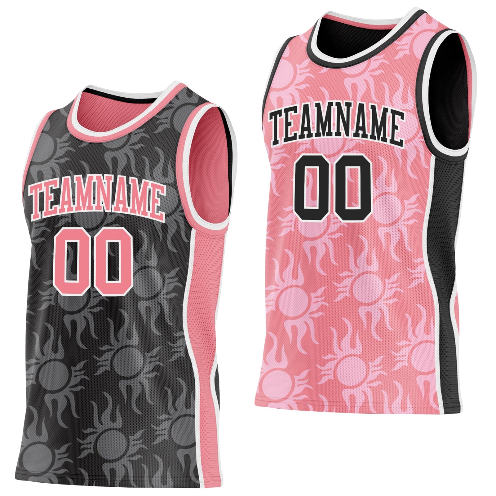 Custom Black Medium Pink-White Side Panel Stripe Sun Flame Reversible Double Side Sublimation Basketball Set Jersey - Main View
