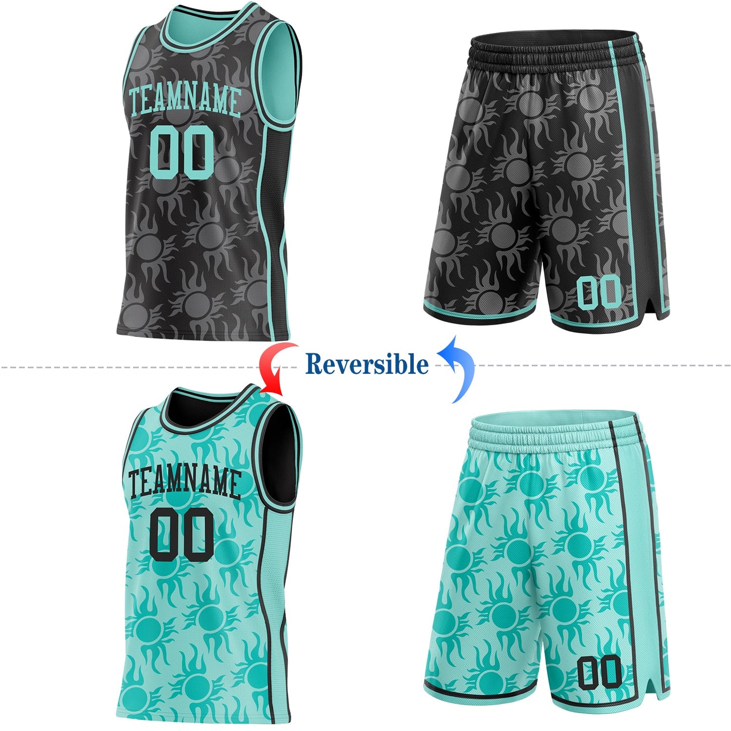 Custom Black-Ice Blue Side Panel Stripe Sun Flame Reversible Double Side Sublimation Basketball Set Jersey view 2