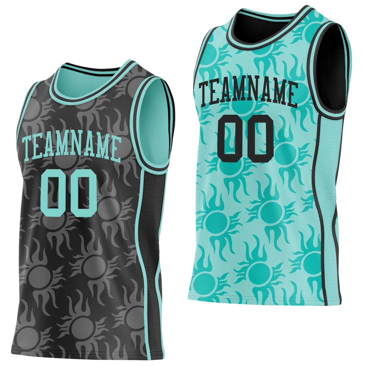 Custom Black-Ice Blue Side Panel Stripe Sun Flame Reversible Double Side Sublimation Basketball Set Jersey - Main View