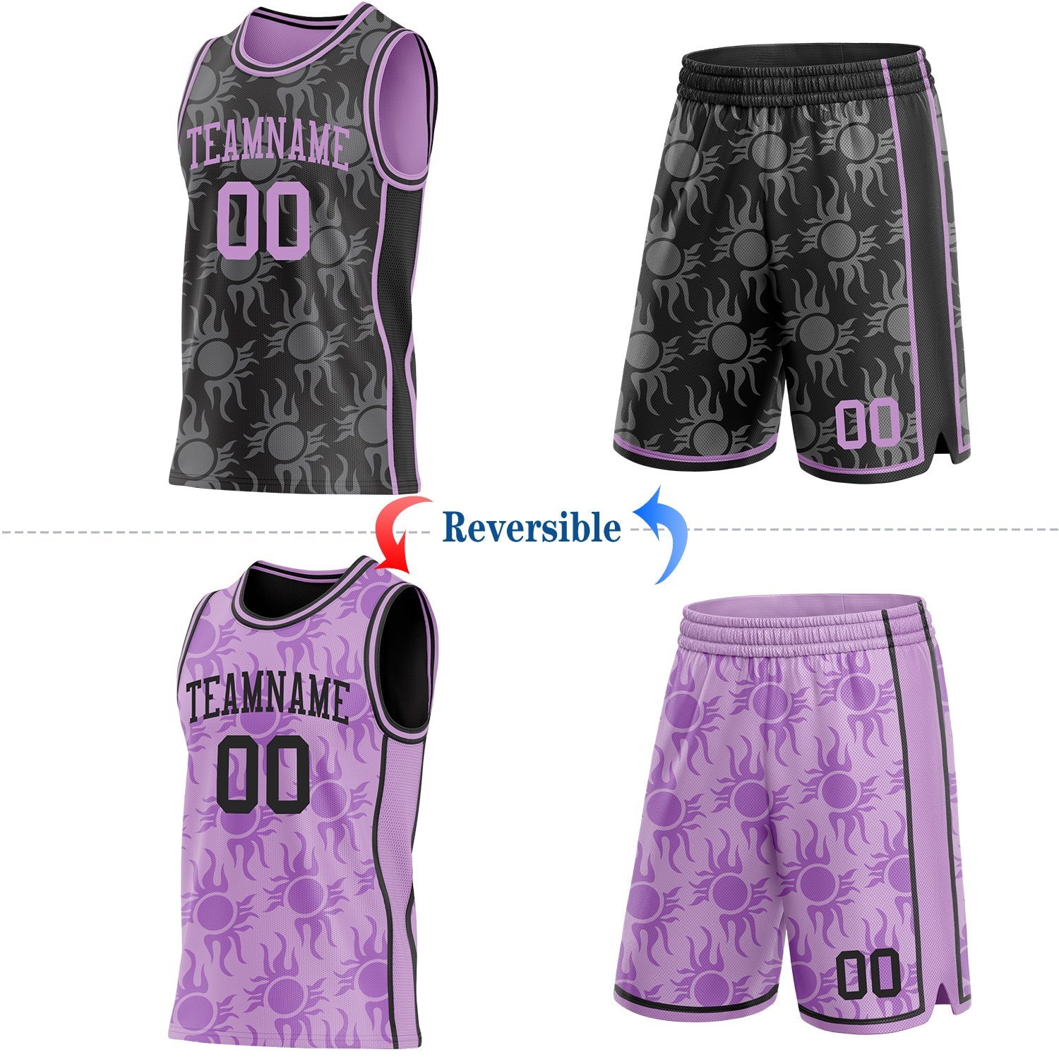 Custom Black-Light Purple Side Panel Stripe Sun Flame Reversible Double Side Sublimation Basketball Set Jersey view 2