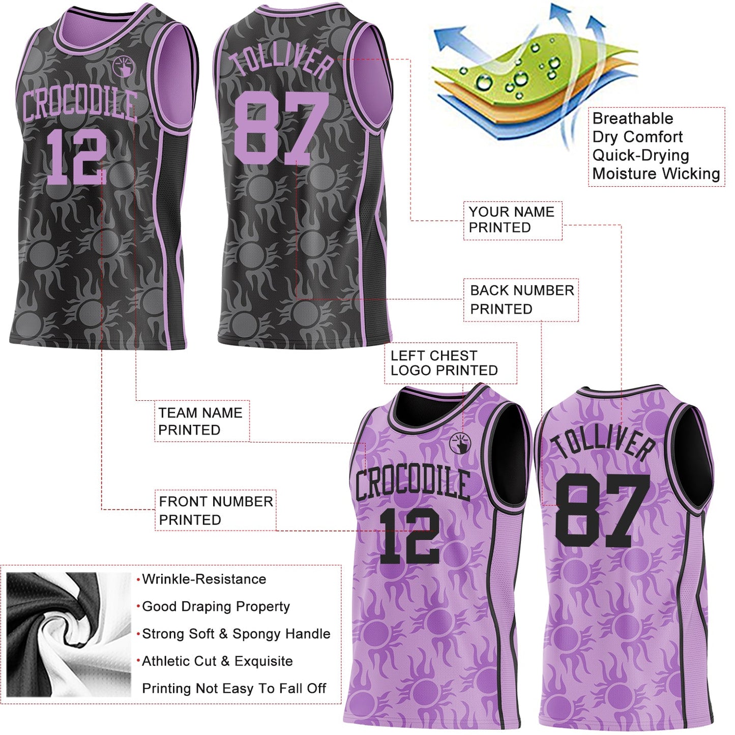 Custom Black-Light Purple Side Panel Stripe Sun Flame Reversible Double Side Sublimation Basketball Set Jersey view 3