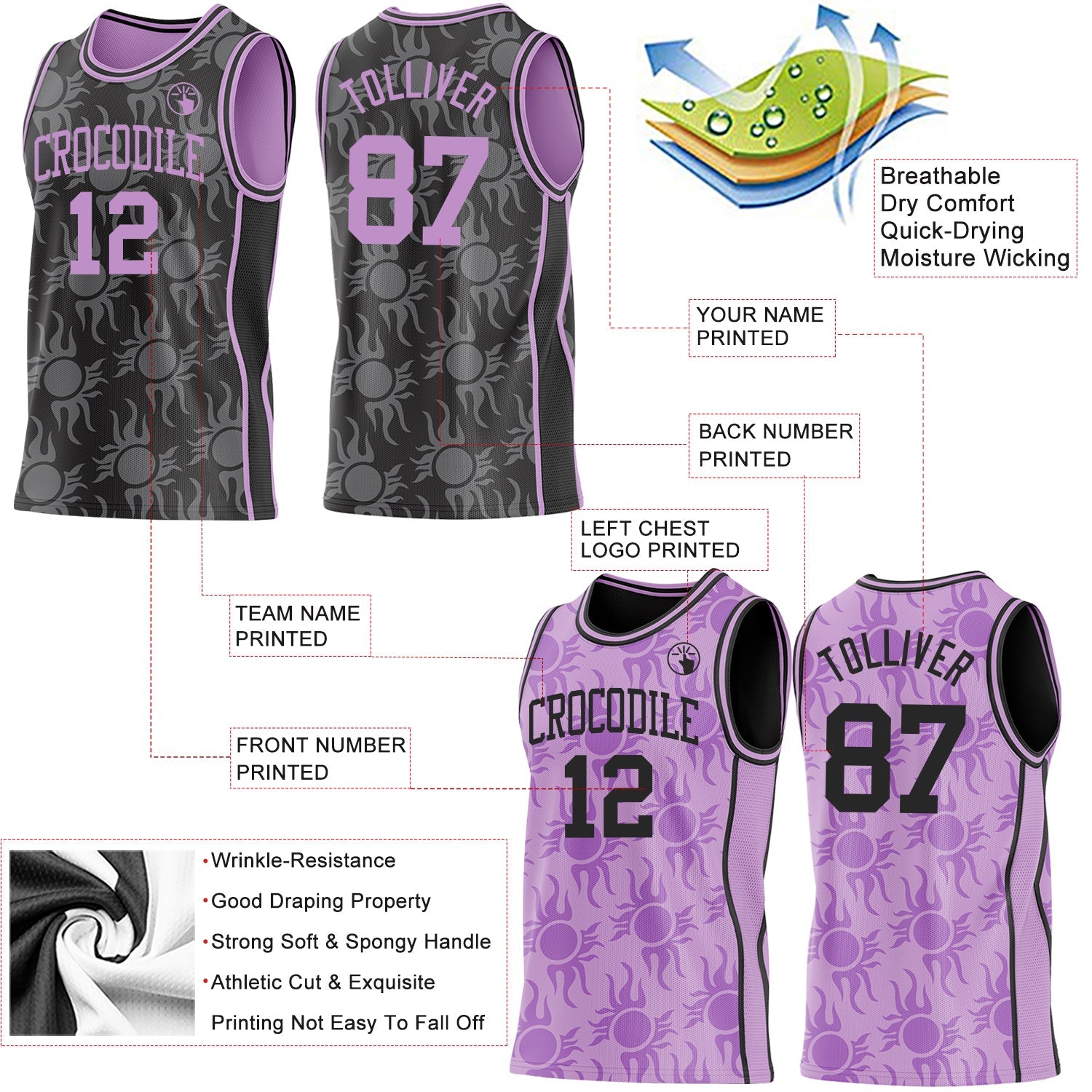 Custom Black-Light Purple Side Panel Stripe Sun Flame Reversible Double Side Sublimation Basketball Set Jersey view 3