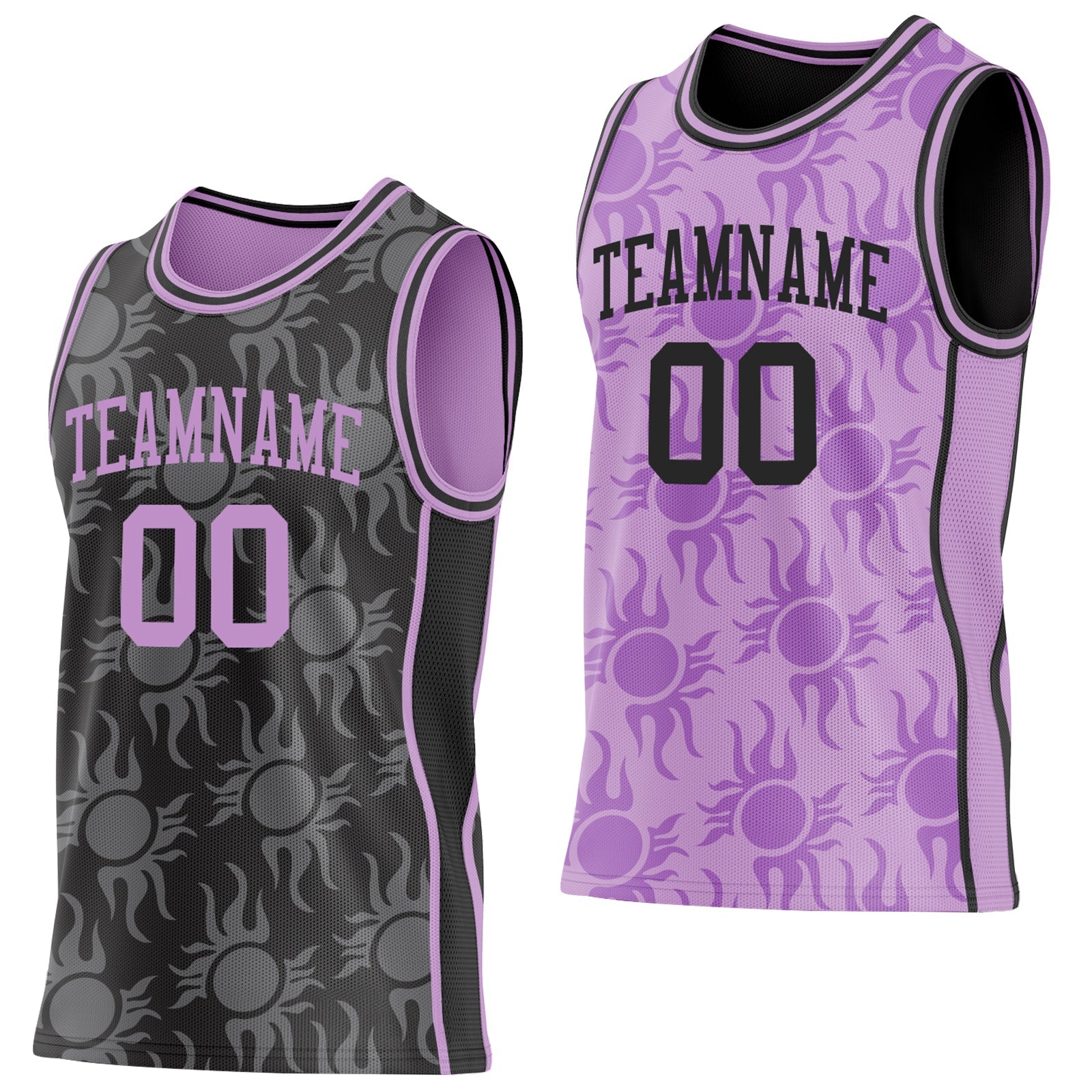 Custom Black-Light Purple Side Panel Stripe Sun Flame Reversible Double Side Sublimation Basketball Set Jersey - Main View