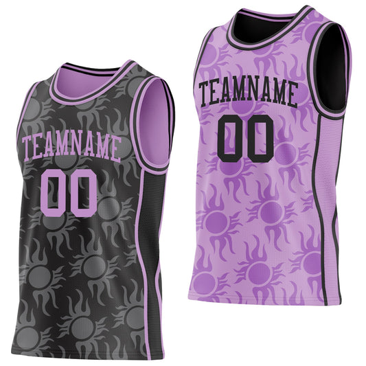 Custom Black-Light Purple Side Panel Stripe Sun Flame Reversible Double Side Sublimation Basketball Set Jersey - Main View