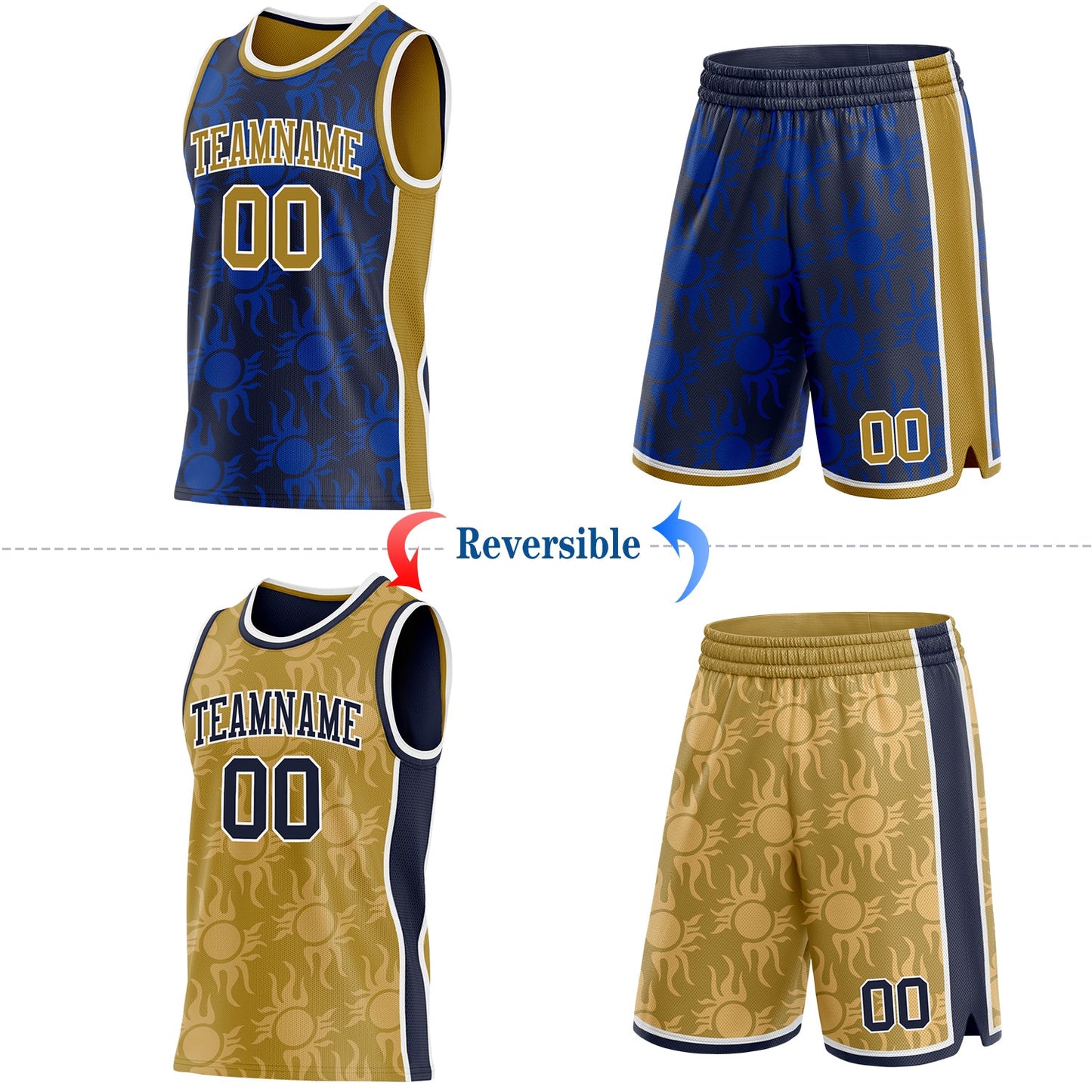 Custom Navy Old Gold-White Side Panel Stripe Sun Flame Reversible Double Side Sublimation Basketball Set Jersey view 2