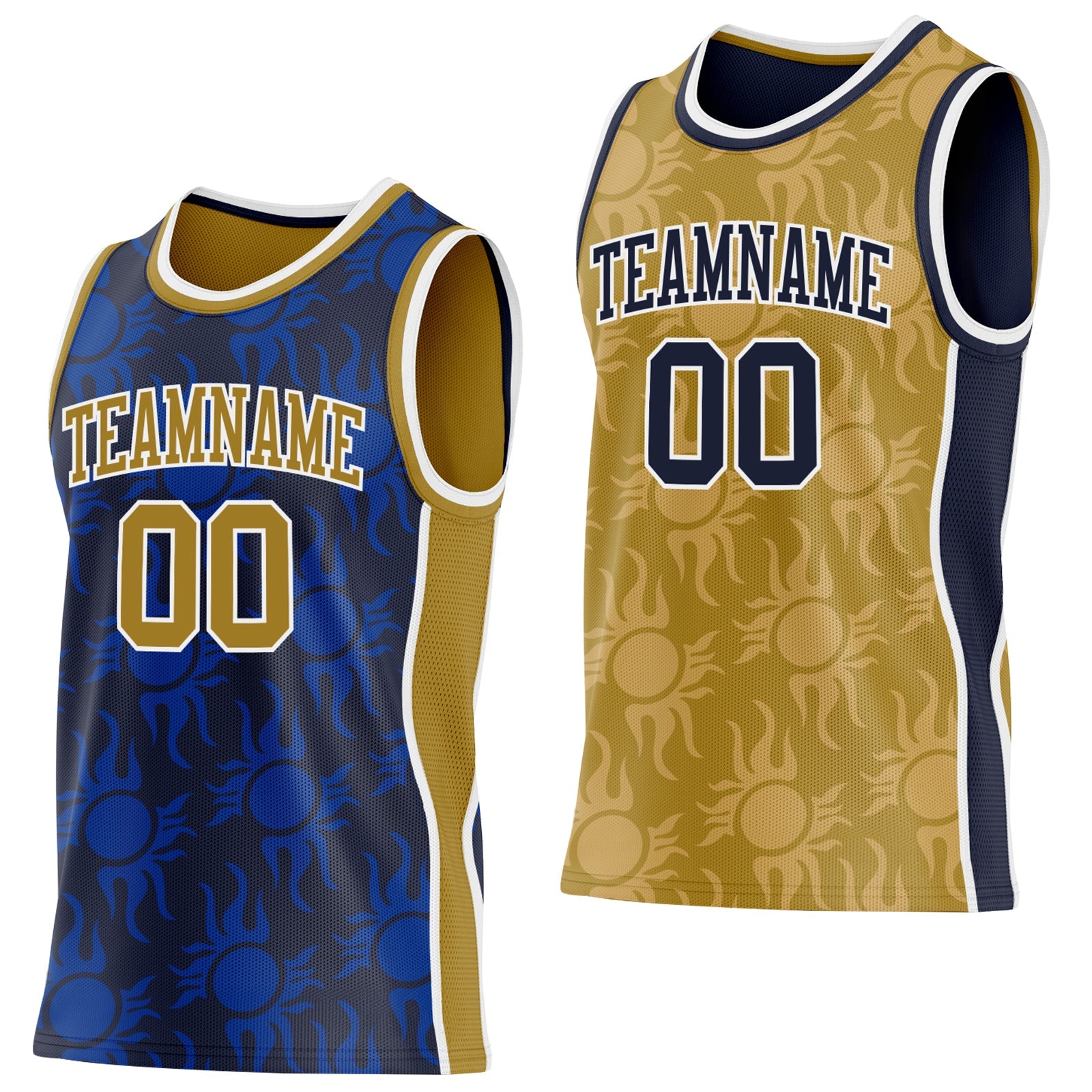 Custom Navy Old Gold-White Side Panel Stripe Sun Flame Reversible Double Side Sublimation Basketball Set Jersey - Main View