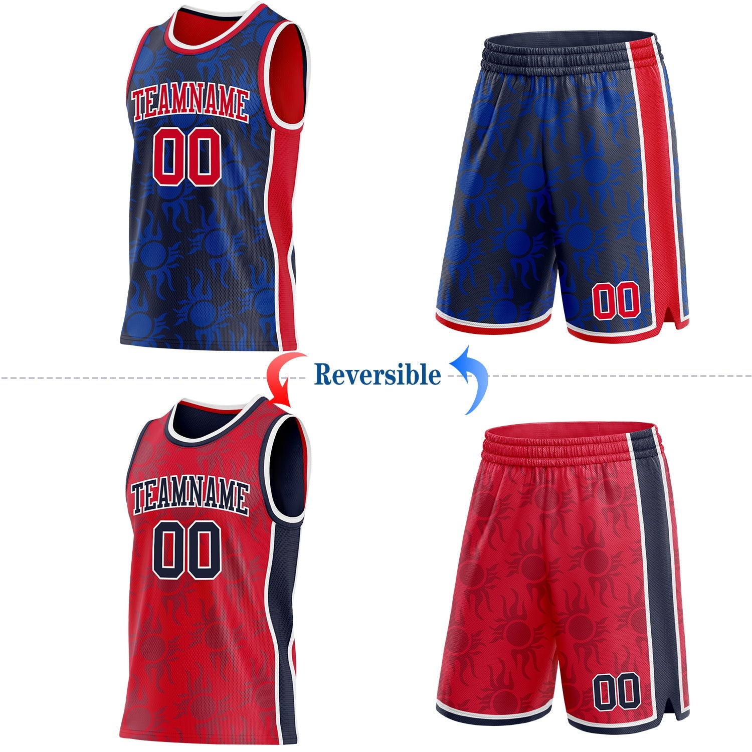 Custom Navy Red-White Side Panel Stripe Sun Flame Reversible Double Side Sublimation Basketball Set Jersey view 2