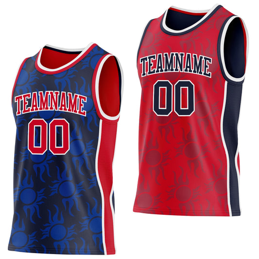 Custom Navy Red-White Side Panel Stripe Sun Flame Reversible Double Side Sublimation Basketball Set Jersey - Main View